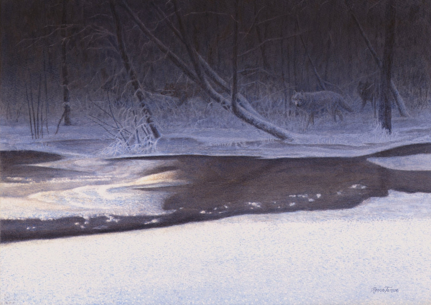 Wolves in Winter River - Open Edition Print - Renso Tamse Fine Art