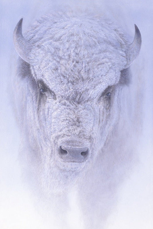Realistic painting of a bison facing a fierce blizzard, from Renso Tamse’s wildlife artwork Blizzard Chief