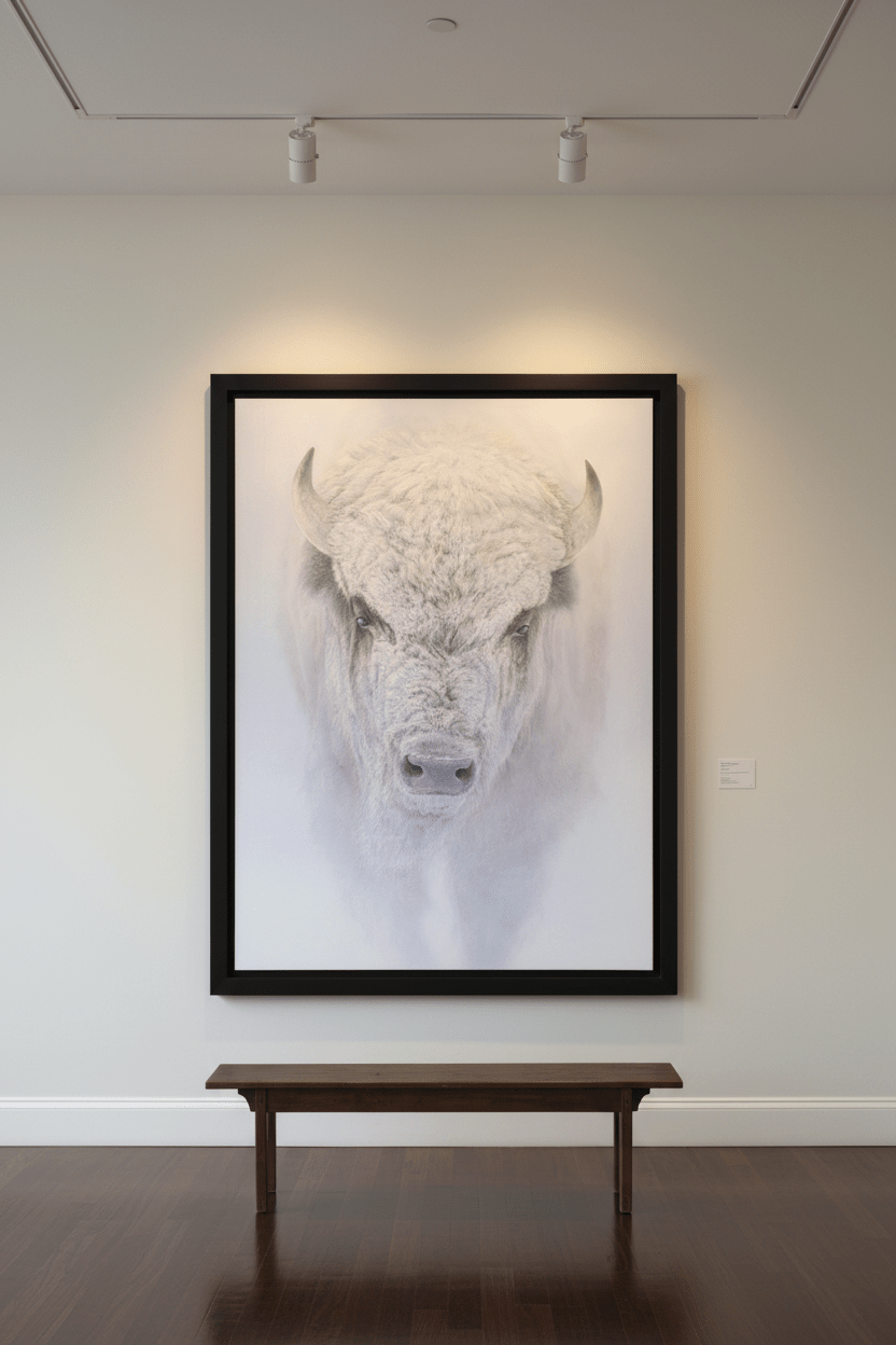 Blizzard Chief wildlife painting of a bison displayed in a gallery space
