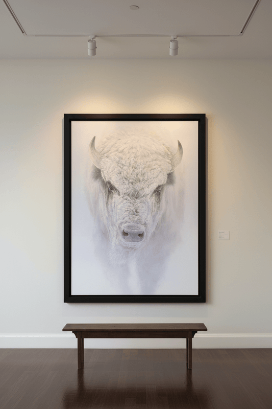 Blizzard Chief wildlife painting of a bison displayed in a gallery space