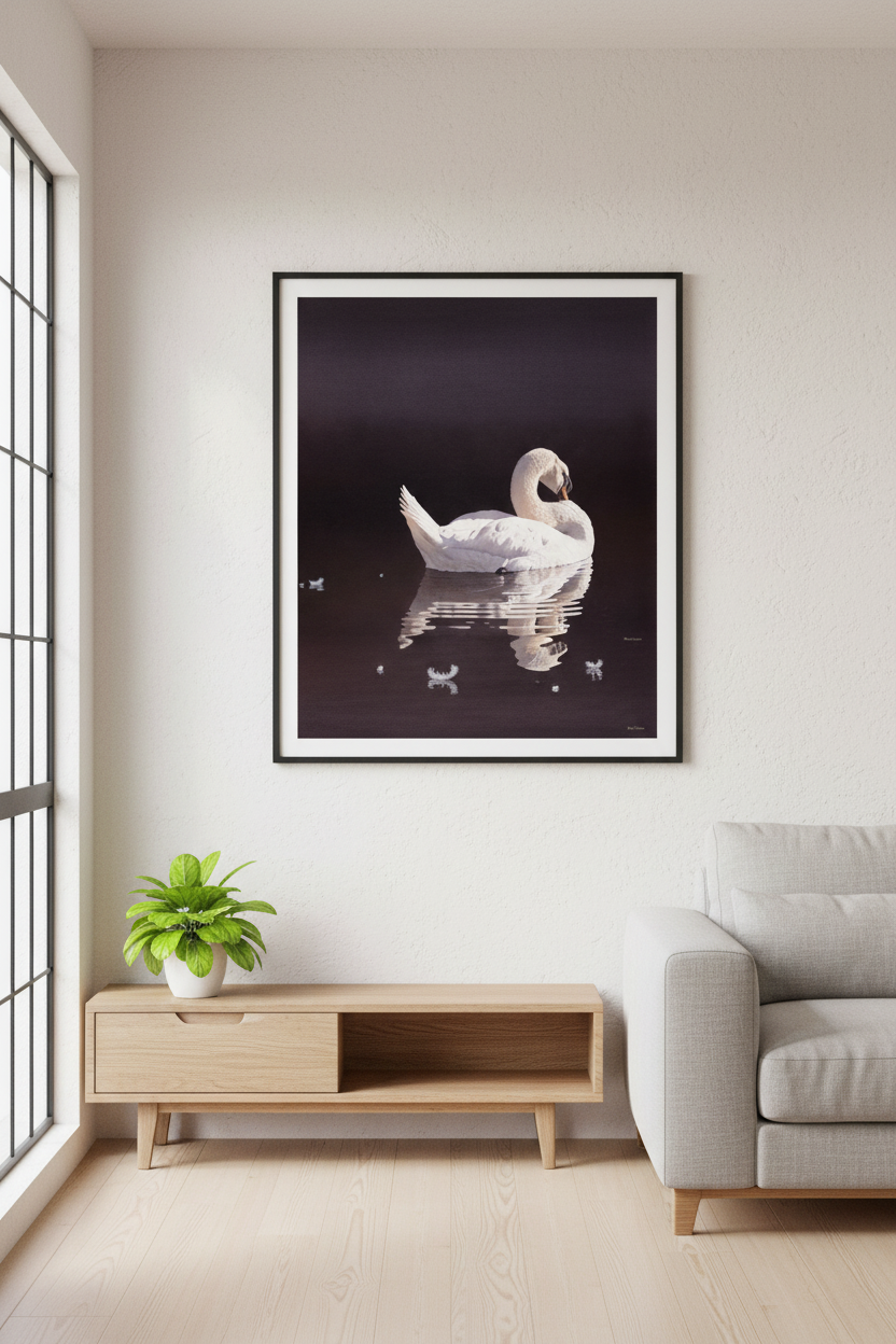 Losing Feathers - Open Edition Print mockup in Scandinavian living room setting