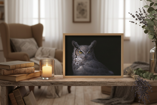 Uhu - Open Edition Print mockup in cozy reading nook setting